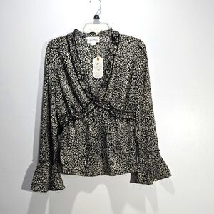NEW Black and White Boho Baby Doll Leopard Print Top M